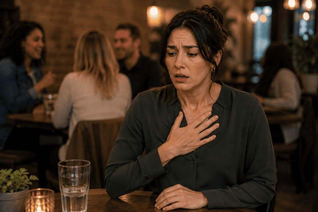 Person experiencing physical symptoms of social anxiety including racing heart rapid breathing and sweating in a social situation.
