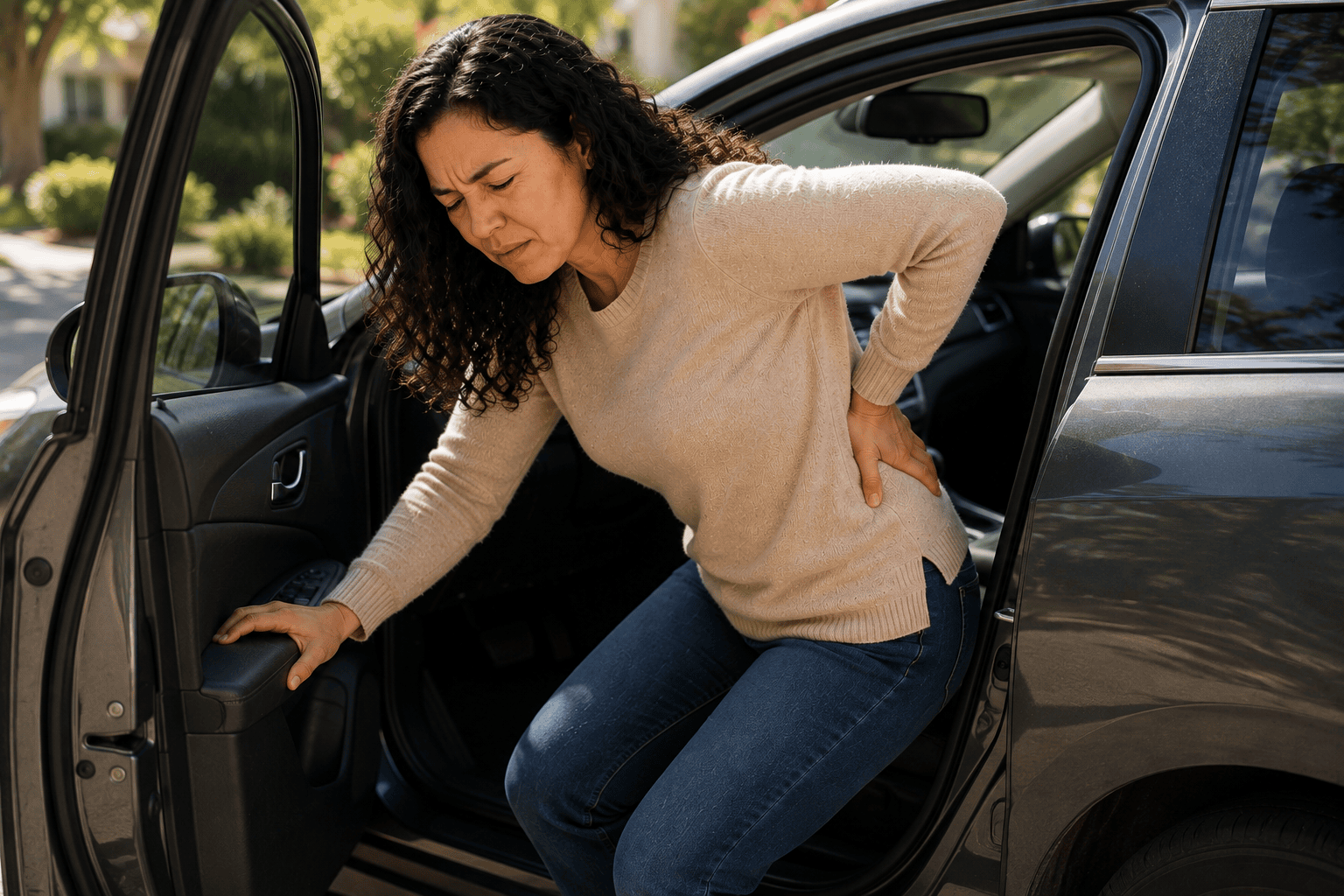 Person grimacing with sciatica pain while getting out of a car, holding the low back and hip for support.