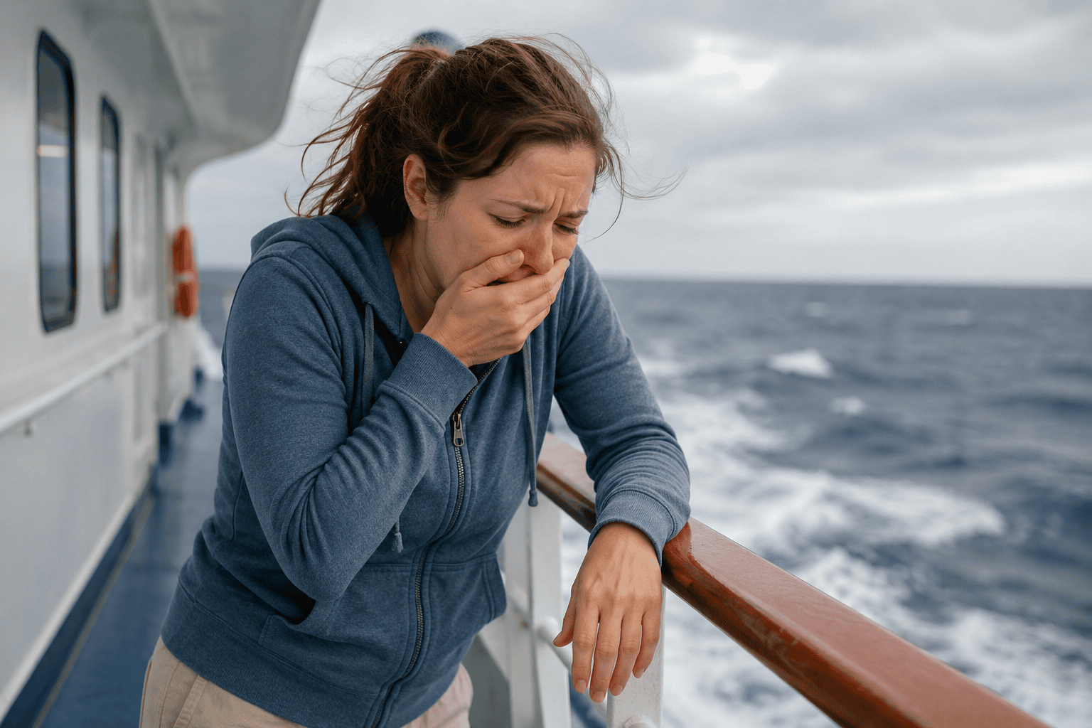 Person on the deck of a boat or ship experiencing the nausea and disorientation of sea sickness while at sea.