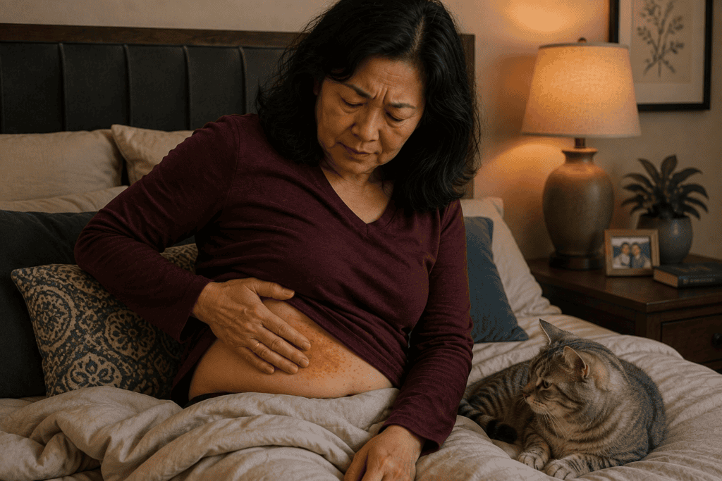 Woman sitting up in bed looking at a shingles rash on her side while a gray tabby cat rests beside her.