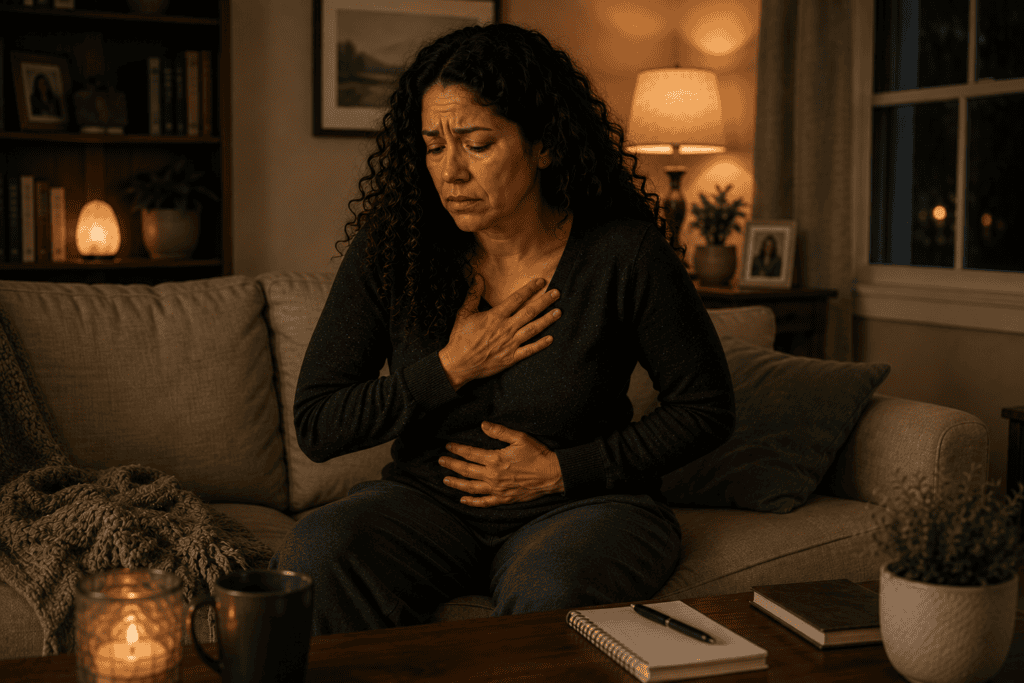 Person at home experiencing the physical effects of chronic anxiety including muscle tension, digestive issues, and fatigue.
