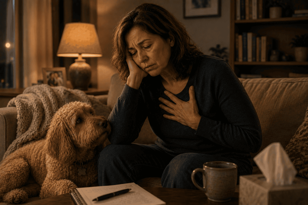 Person at home experiencing the physical toll of grief including fatigue, disrupted sleep, and appetite changes.