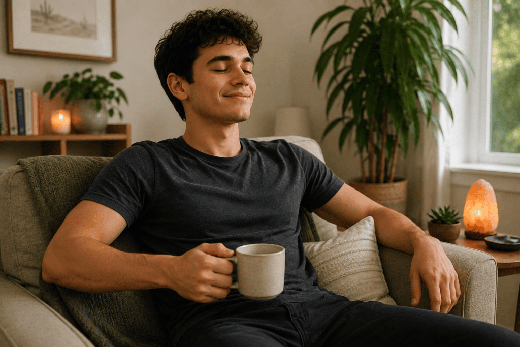 Young man relaxing peacefully at home with a warm cup of tea after using acupressure to ease frustration and emotional tension.
