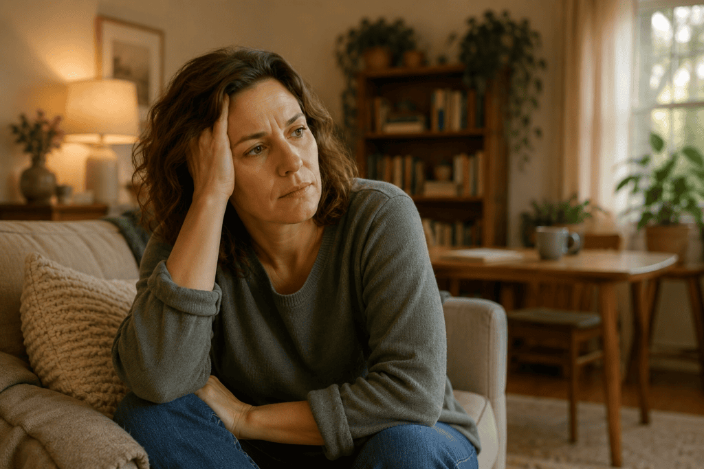 Person at home experiencing the disorienting sensation of feeling stuck in their daily life with the sense that things should be moving forward but somehow are not.