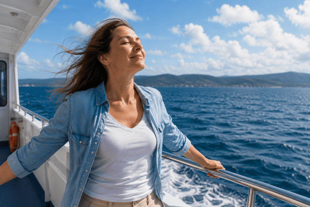 Person on the deck of a boat feeling the breeze on their face as fresh air helps manage sea sickness symptoms.