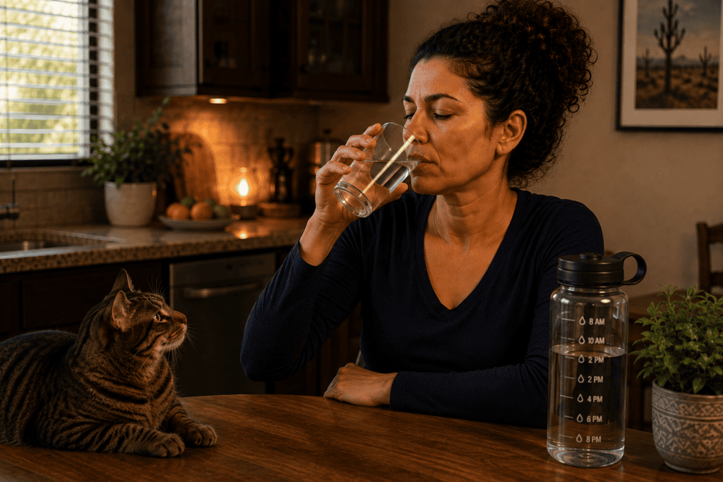 Person drinking water at home as part of consistent hydration practice for migraine prevention.