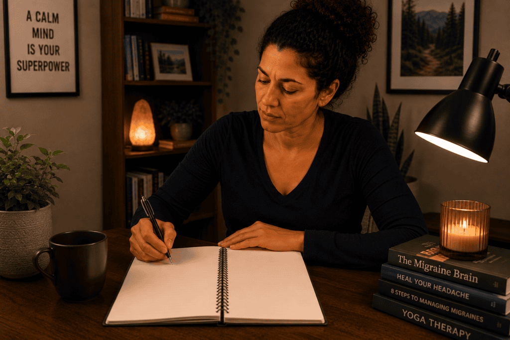 Person writing in a migraine journal to identify individual triggers including foods, sleep, stress, and other patterns.