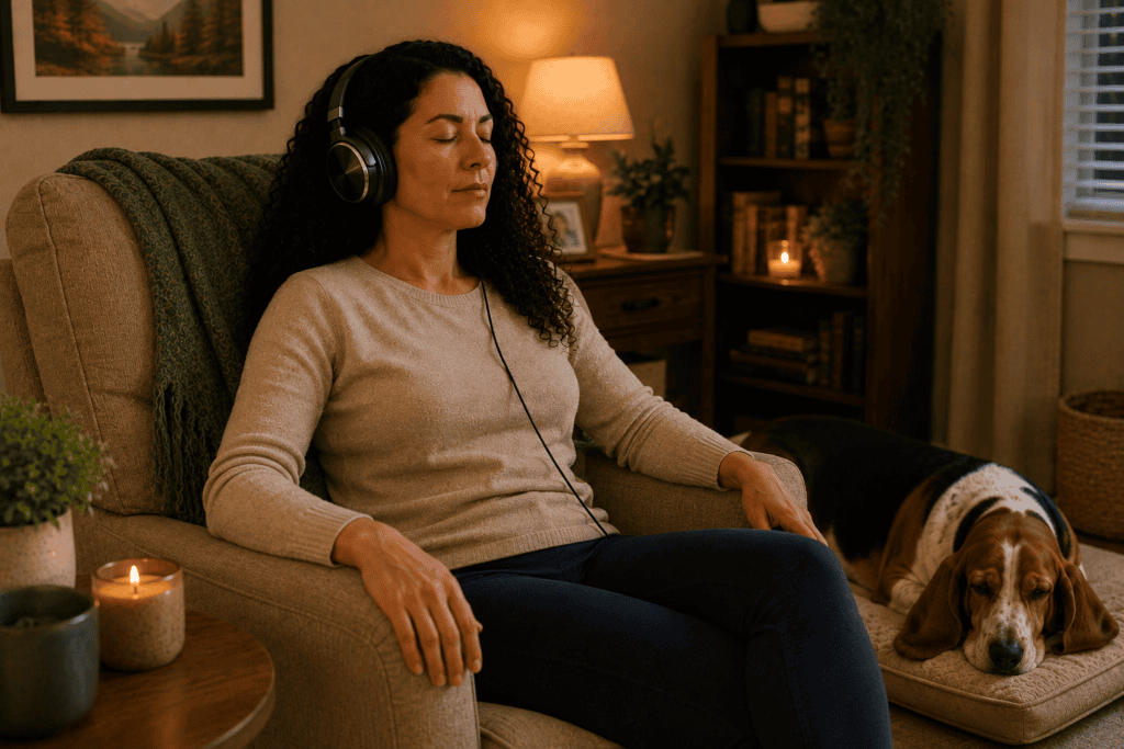 Person at home wearing headphones listening to binaural beats for parasympathetic nervous system activation and pain reduction.