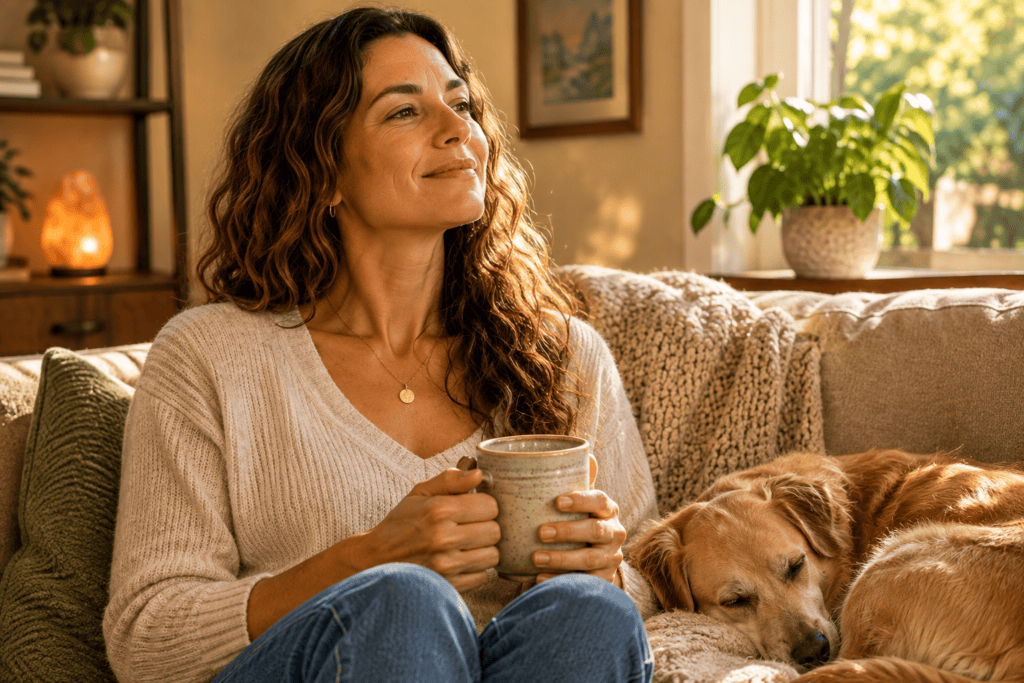 Person in a moment of quiet satisfaction living well through the integrated acupuncture care approach that supports comprehensive health.