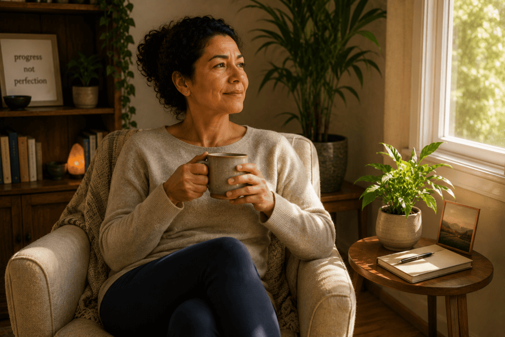 Person in a moment of quiet satisfaction managing anxiety well through integrated care.