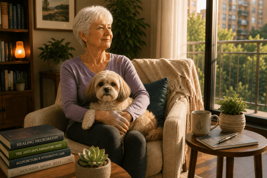 Person in a moment of quiet satisfaction managing neuropathy well through integrated care combining acupuncture and medical support.