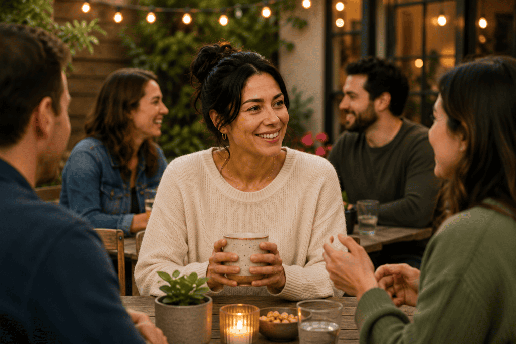 Woman comfortably participating in a social gathering with friends after making progress managing social anxiety through integrated care.