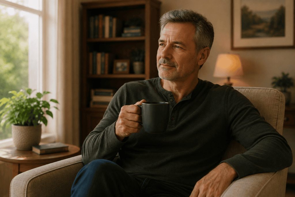 Person in a moment of quiet satisfaction managing tinnitus well through integrated care combining acupuncture medical care and habituation practices.