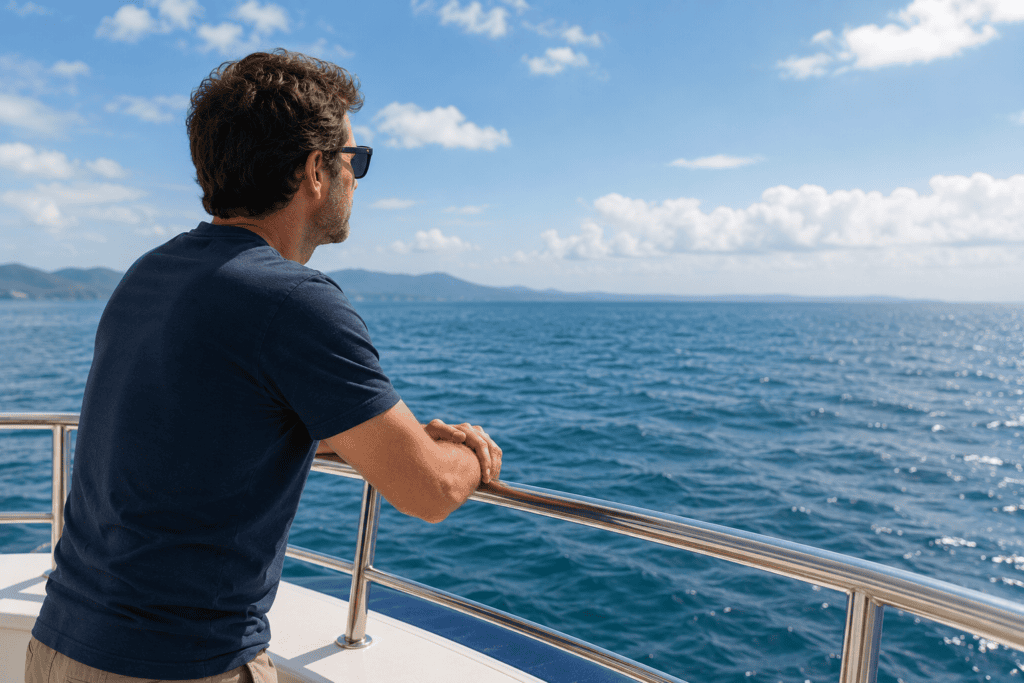 Person on a boat looking at the distant horizon to reduce the sensory conflict that produces sea sickness.