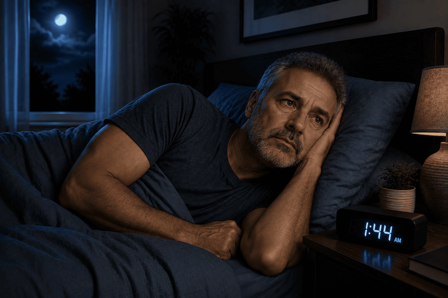 Person lying in bed at night with eyes open unable to fall asleep while looking at the clock during the frustrating early hours of the morning.