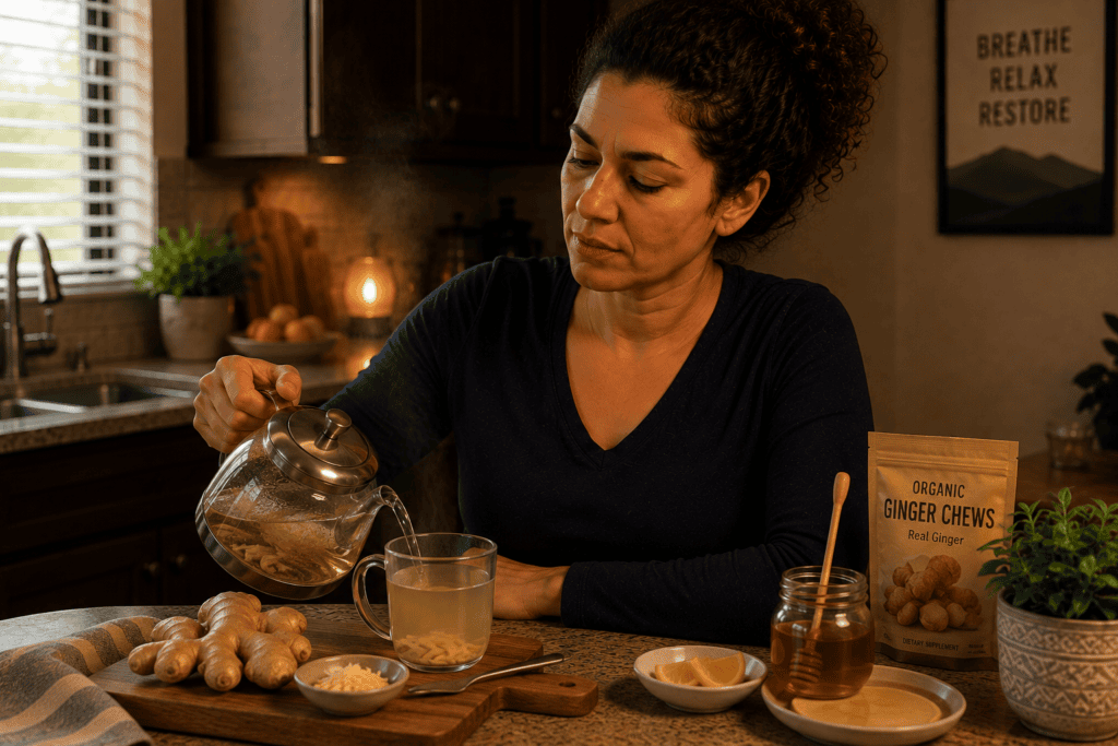 Person preparing fresh ginger tea at home for migraine and nausea relief.