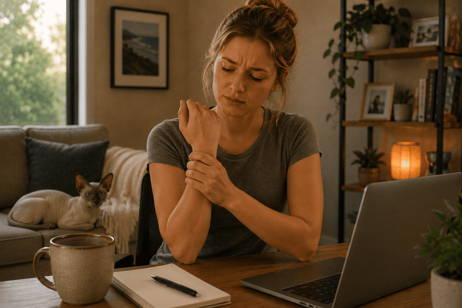 Person sitting at home with one hand pressed to their wrist, communicating the everyday experience of managing carpal tunnel symptoms.