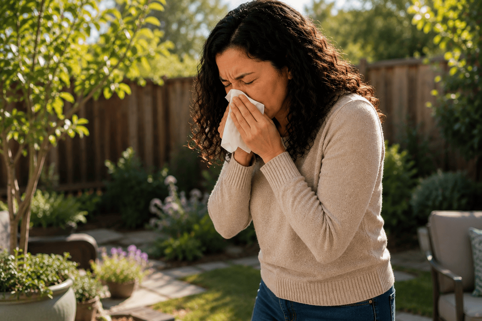 Person in a backyard blowing their nose into a tissue while experiencing chronic sinusitis symptoms.