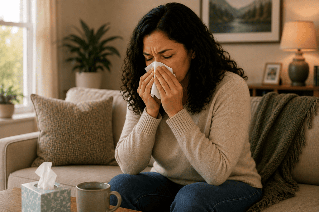 Person at home with hand pressed to the face communicating the persistent pressure and pain of chronic sinusitis.