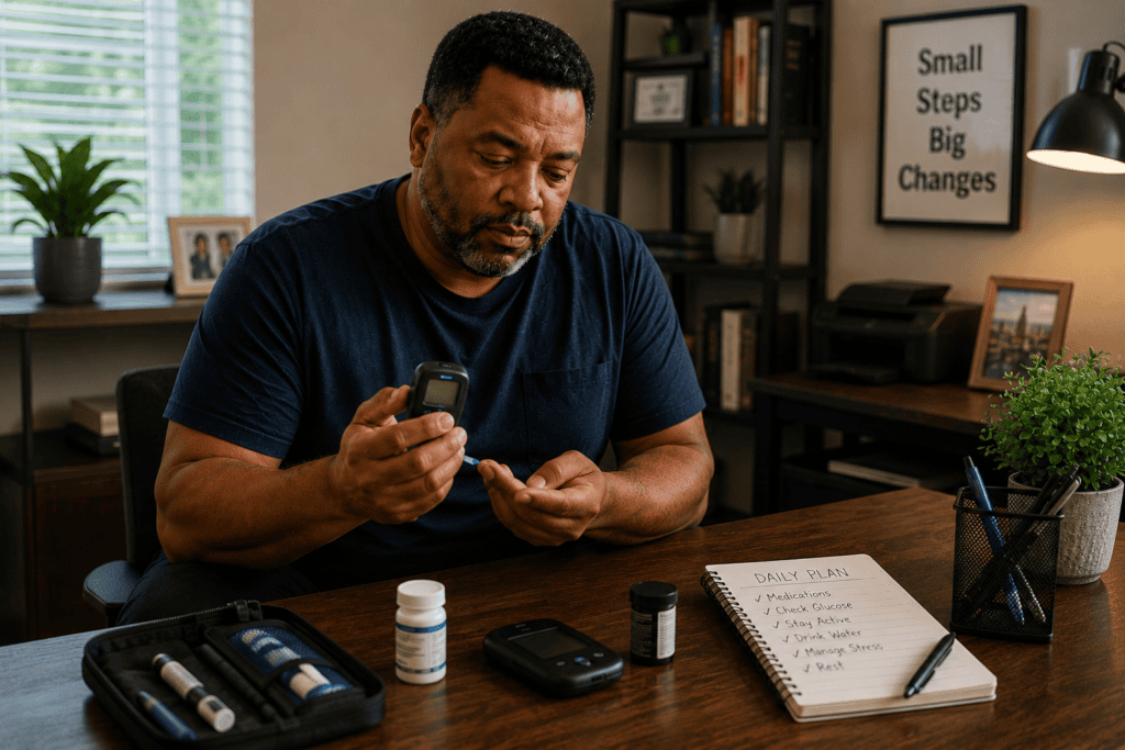 Person at home checking a glucose monitor and organizing daily diabetes management supplies, communicating the daily work of living with diabetes.