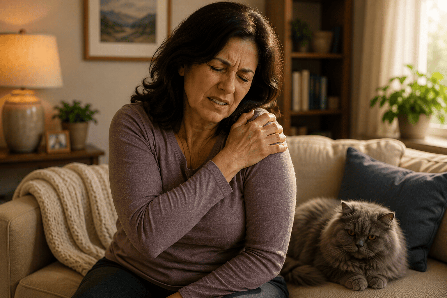 Person at home holding the affected shoulder communicating the persistent stiffness and limited range of motion of frozen shoulder.