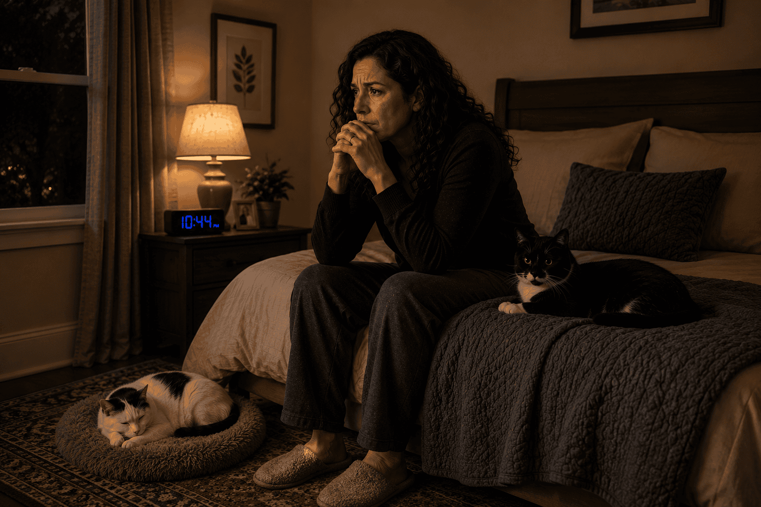 Woman sitting on the edge of her bed experiencing general anxiety disorder while two cats stay close beside her in a warmly lit bedroom.