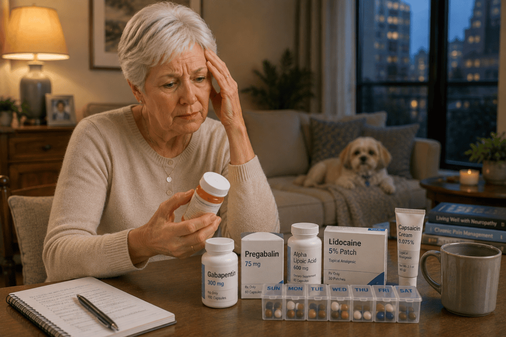 Person at home managing neuropathy with multiple medications including gabapentin and other nerve pain drugs while still dealing with symptoms.