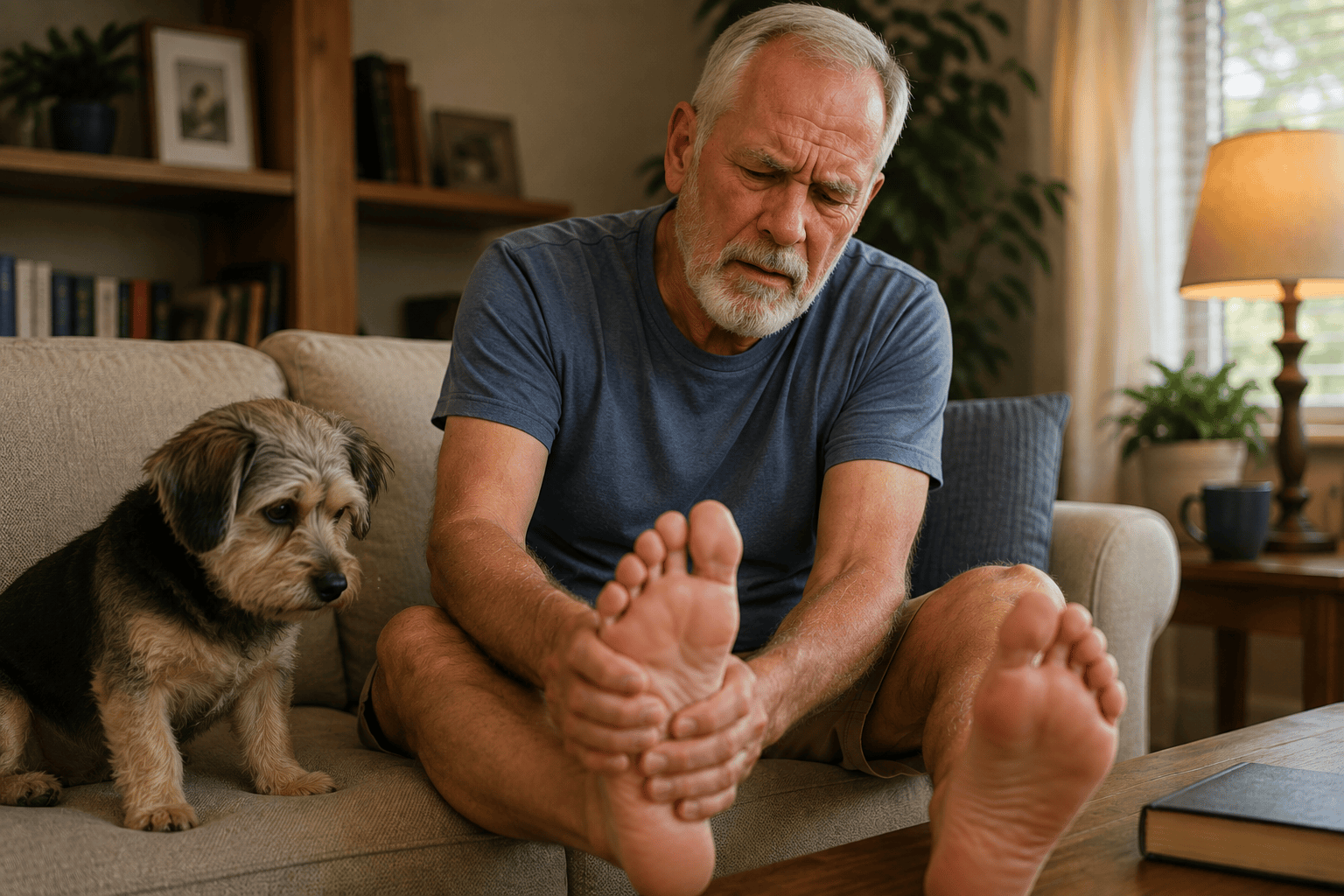 Person at home experiencing the burning tingling and numbness patterns of neuropathy while trying to maintain daily activities.