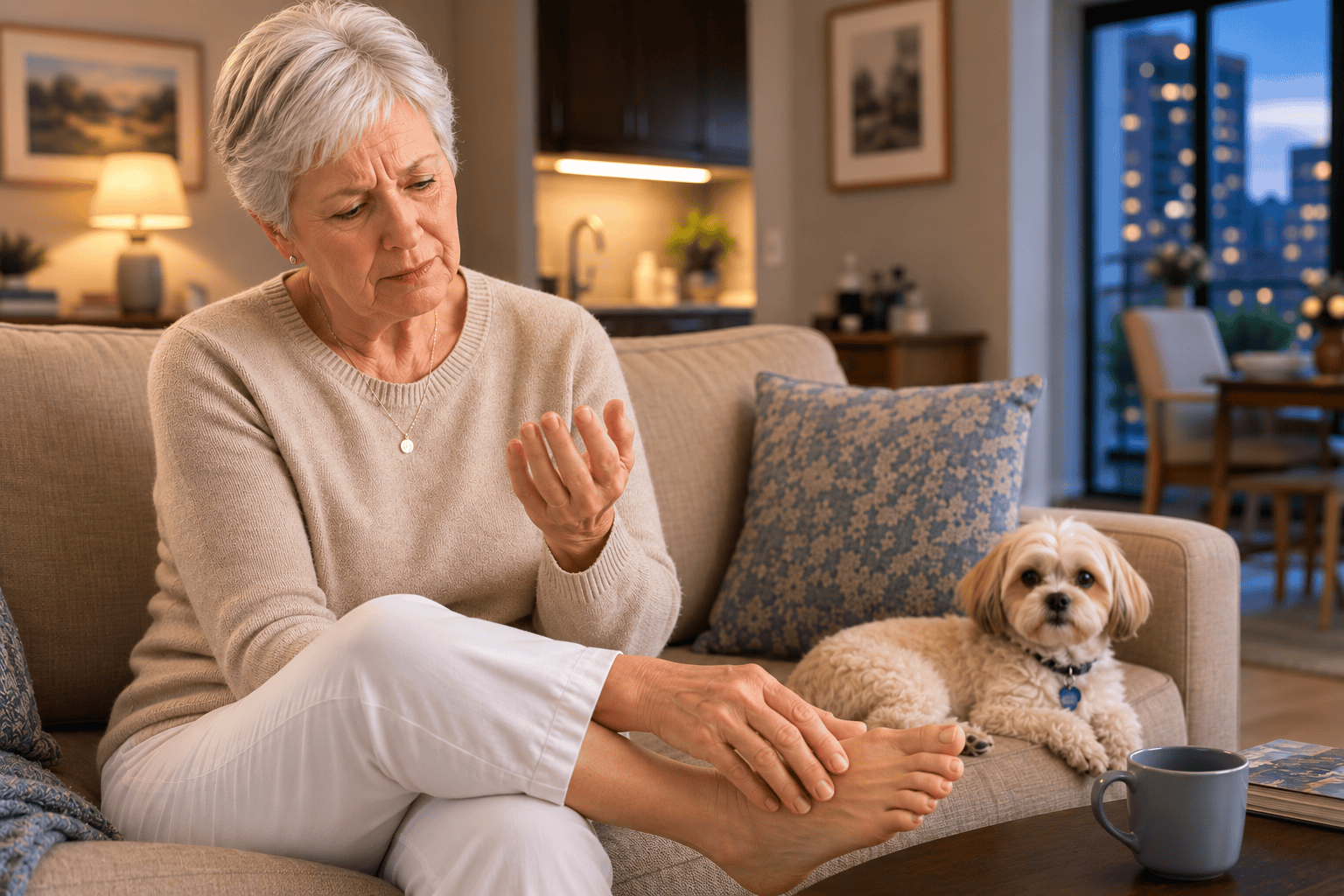 Person at home experiencing the burning tingling and numbness patterns of neuropathy while trying to maintain daily activities.