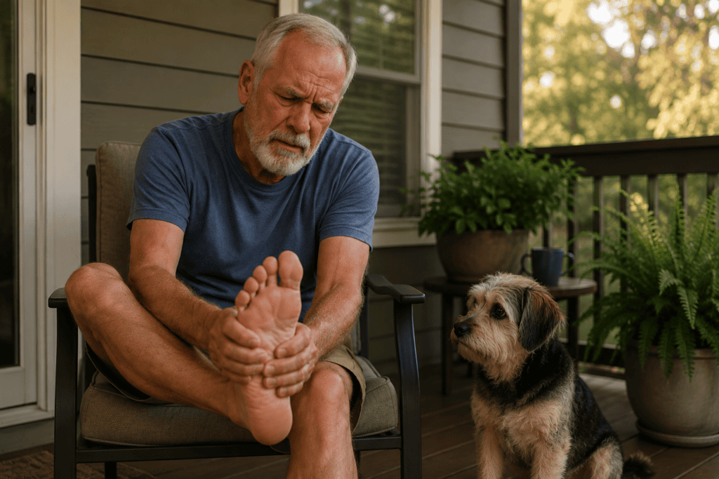 Older man sitting on his back porch rubbing his left foot because of neuropathy while his small mixed-breed dog watches with concern.