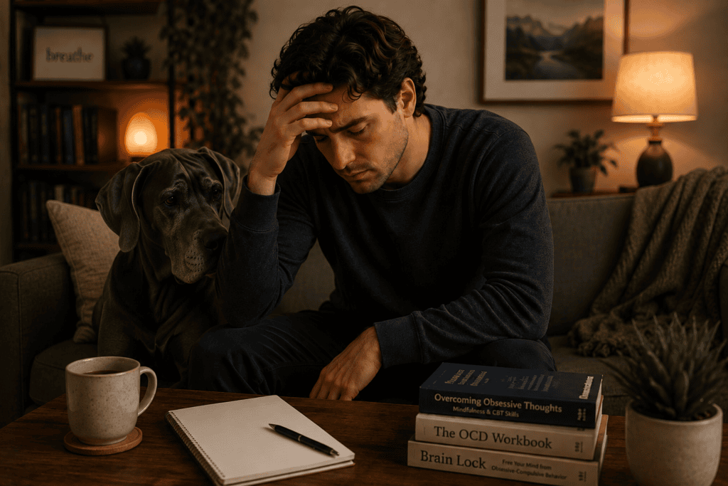 Person at home experiencing the exhausting cycle of managing OCD obsessions and compulsions while trying to maintain daily life.