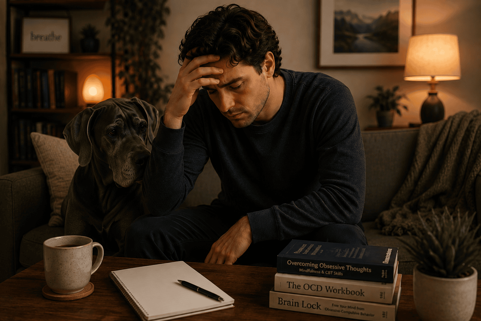 Person at home experiencing the exhausting cycle of managing OCD obsessions and compulsions while trying to maintain daily life.