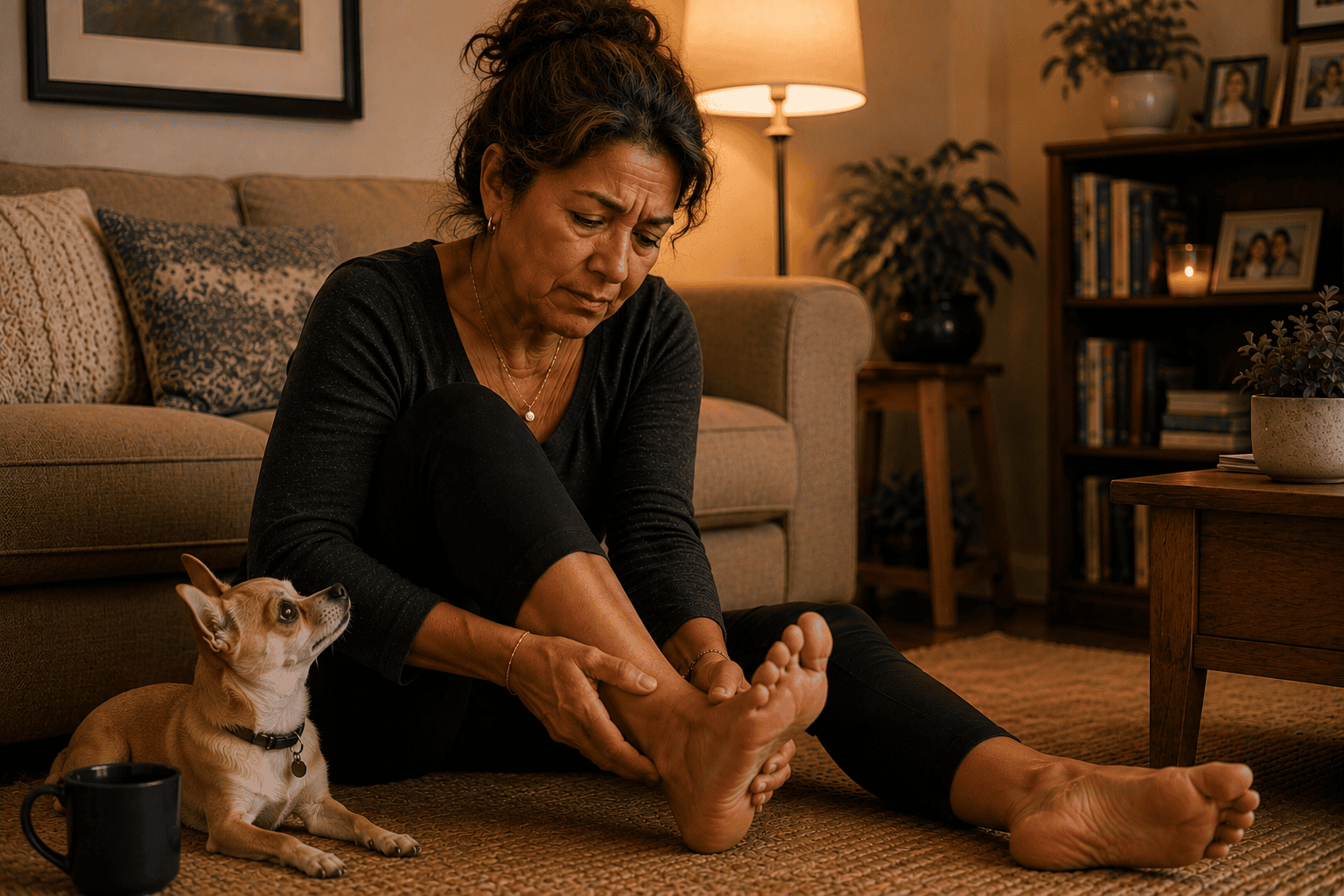 Person seated at home tending to their foot with plantar fasciitis, communicating the everyday experience of managing chronic heel pain.