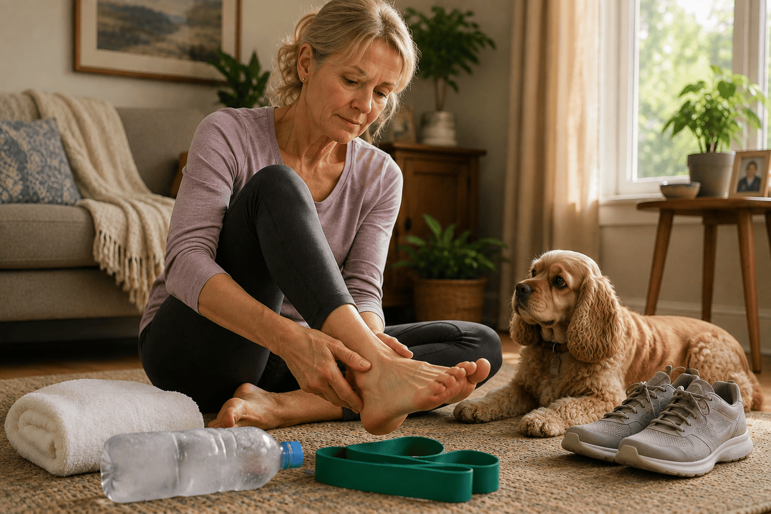 Person at home in a comfortable seated position tending to their foot with home care tools visible including a frozen water bottle and stretching band.