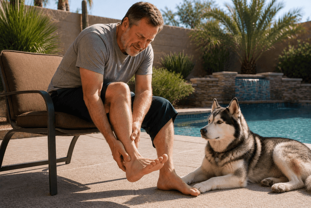 Middle-aged man sitting beside a backyard swimming pool massaging his painful heel while an Alaskan Husky rests nearby.