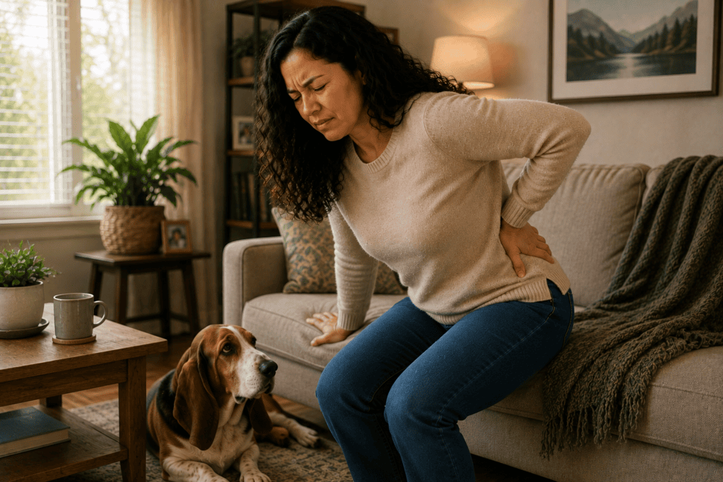 Person at home with hand pressed to the low back and leg communicating the shooting pain of sciatica.