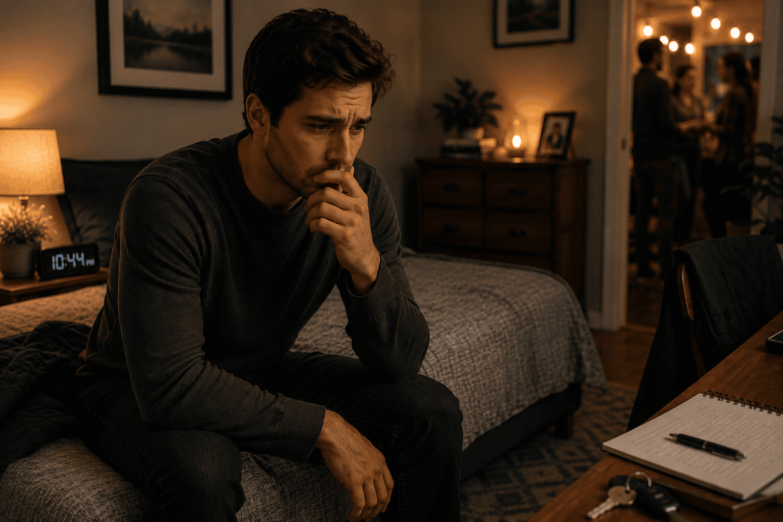 Person at home in a moment of quiet preparation before a social event, communicating the pre-event anxiety of managing social anxiety.