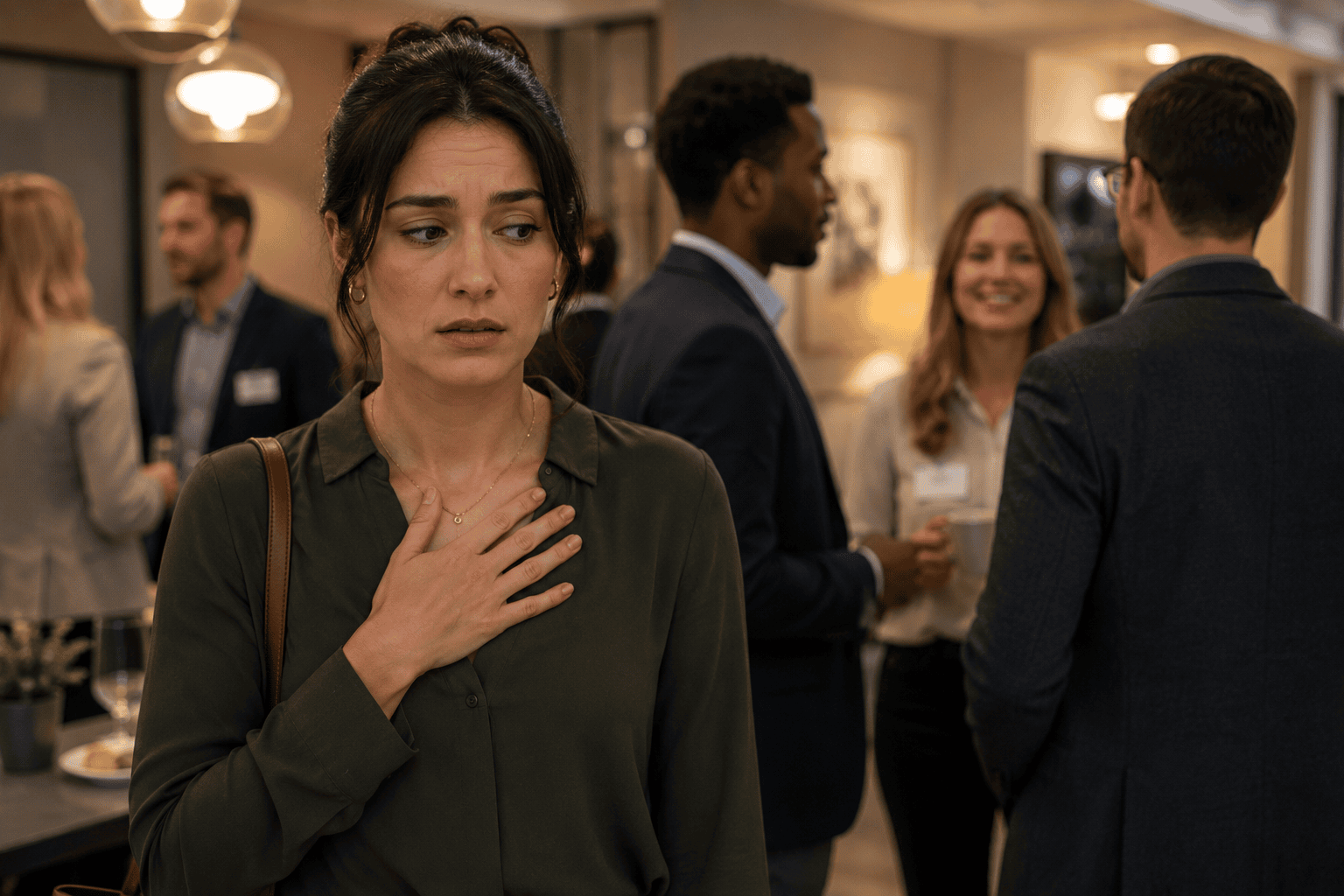 Person at a social setting with hand pressed to the chest communicating the physical intensity of social anxiety.