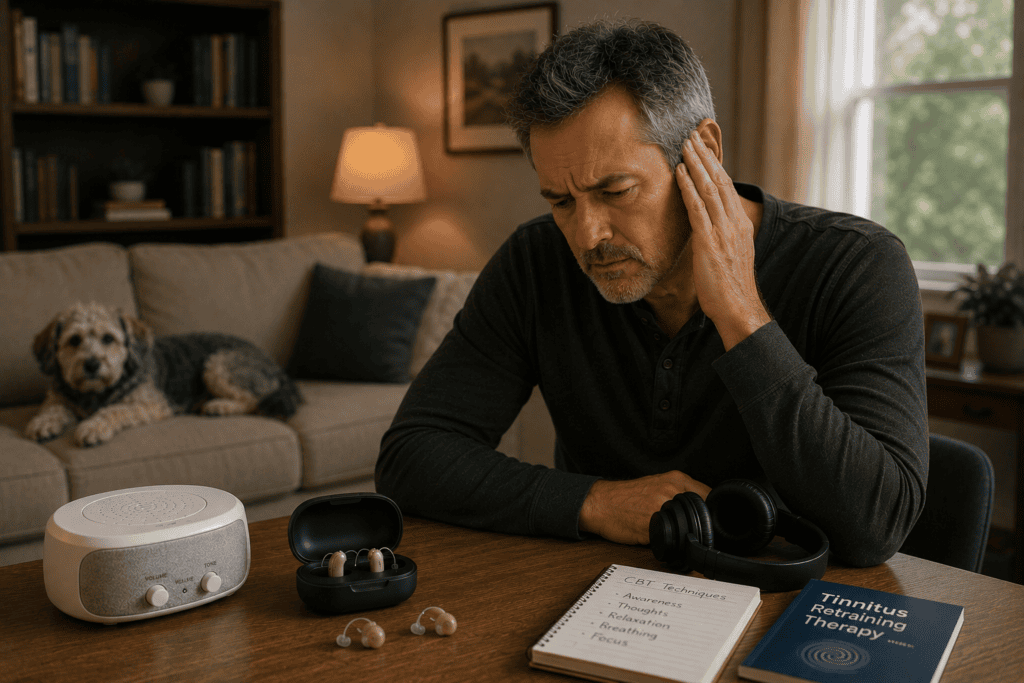 Person at home managing tinnitus with multiple standard care approaches including hearing aids sound machines and other tools while still dealing with symptoms.