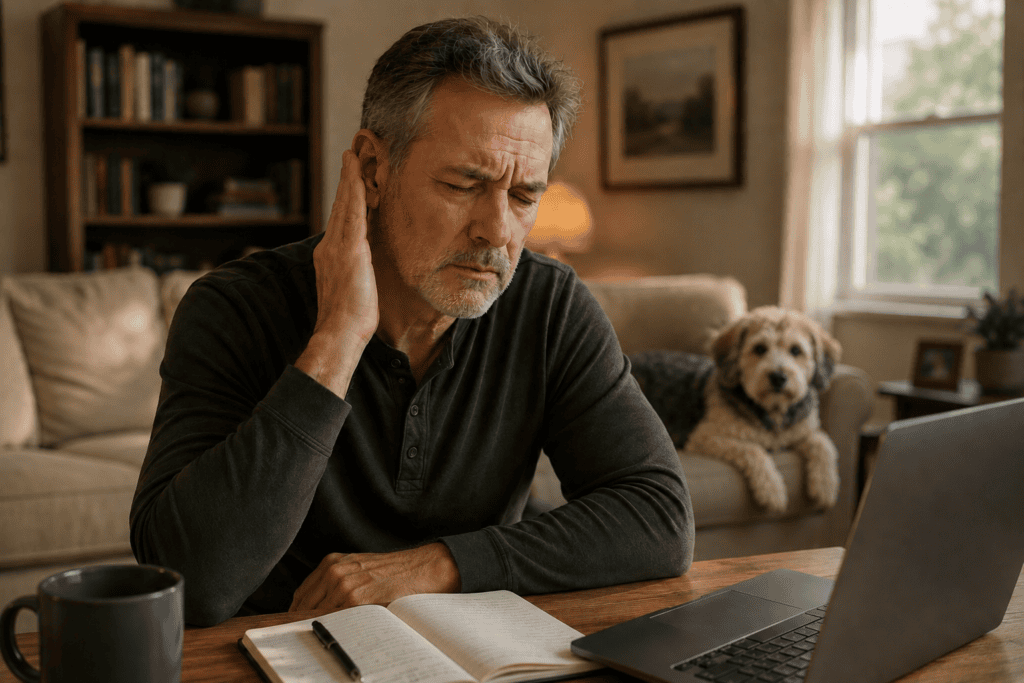 Person at home experiencing the persistent ringing and difficulty concentrating that tinnitus produces while trying to maintain daily activities.