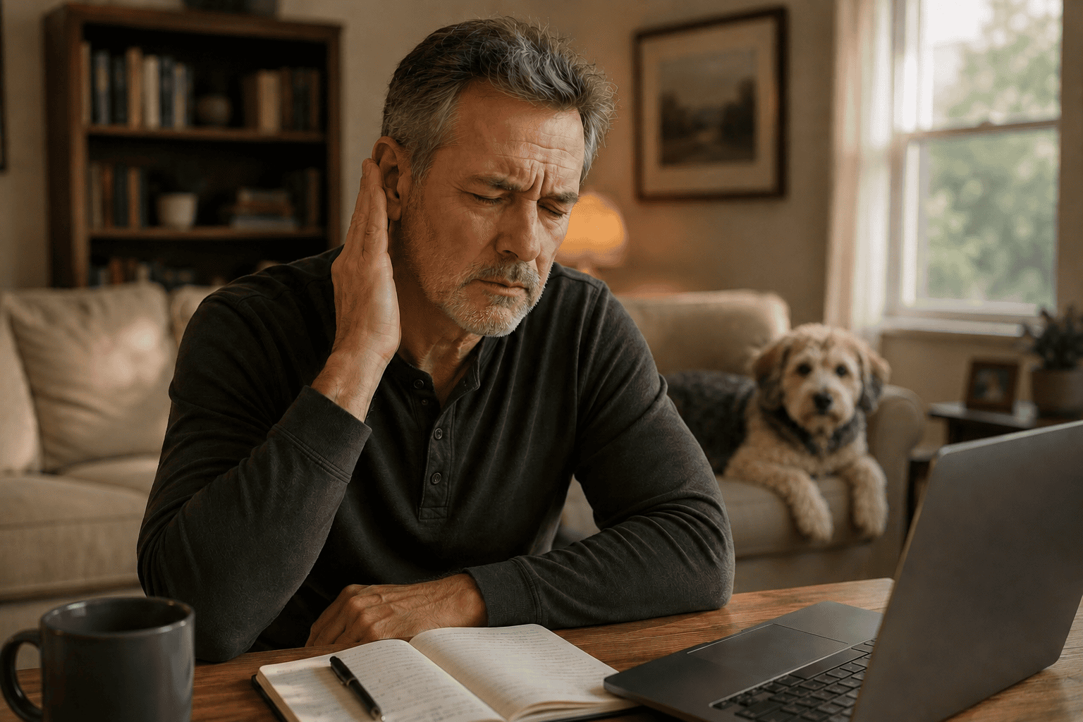 Person at home experiencing the persistent ringing and difficulty concentrating that tinnitus produces while trying to maintain daily activities.
