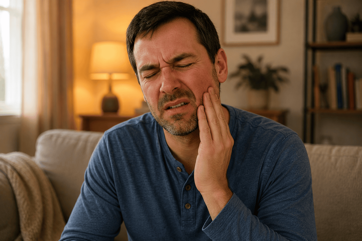 Person at home with hand pressed to the jaw communicating the intense pain of a toothache while waiting for dental care.