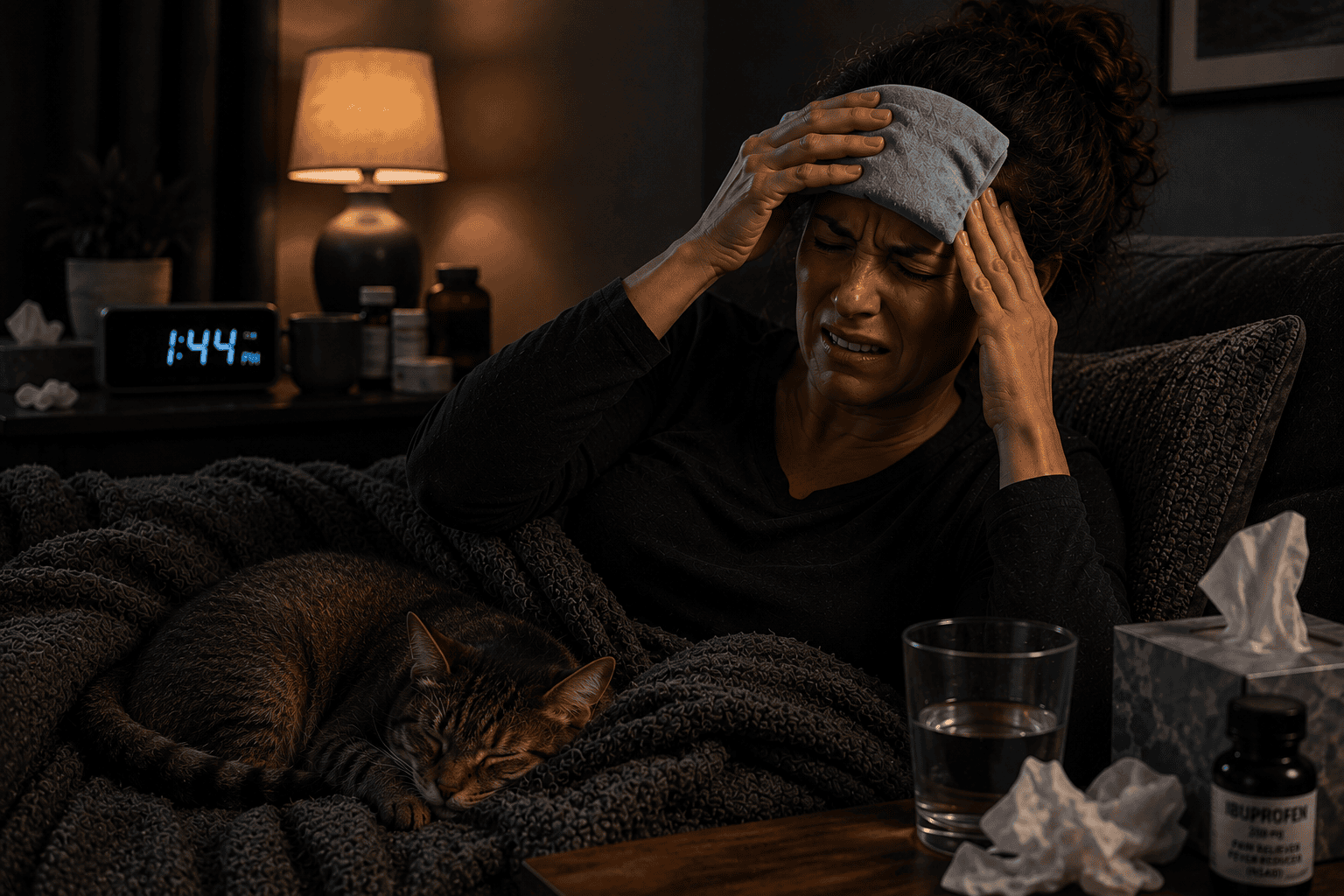 Person at home in a darkened room with a cold cloth on the forehead, communicating the distinctive experience of managing a migraine attack.