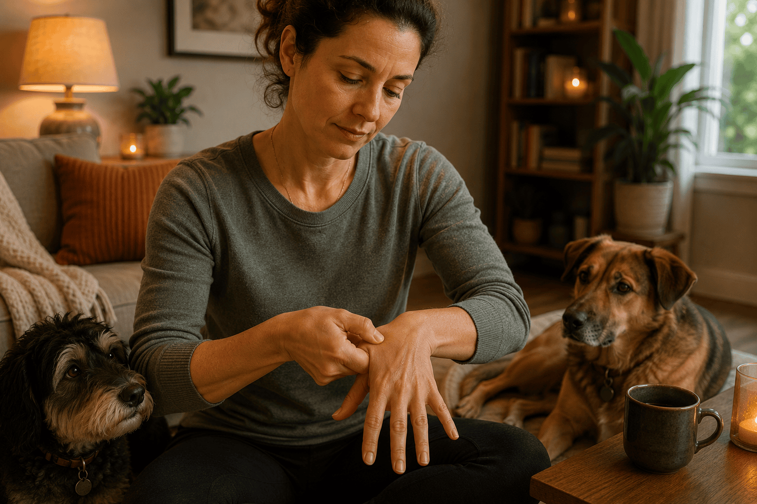 Person at home practicing acupressure by applying thumb pressure to a specific point communicating the everyday accessibility of the practice.