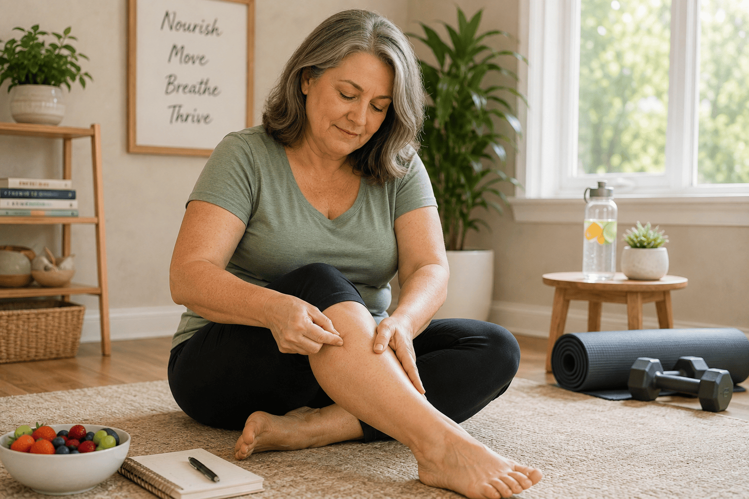 Person at home pressing an acupressure point on their own leg as part of a daily weight loss support practice alongside healthy habits.