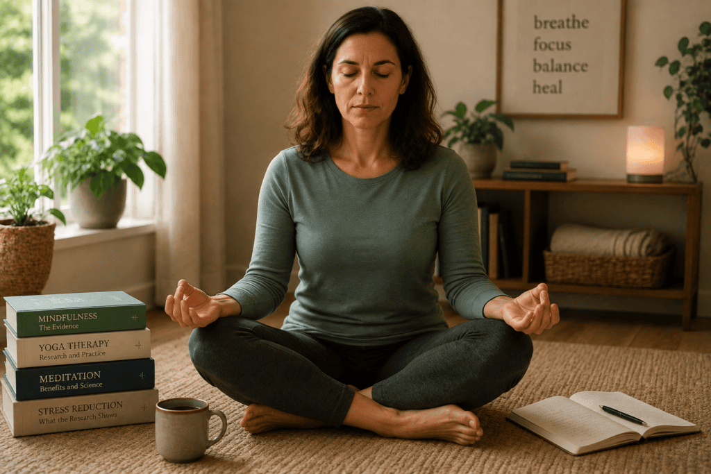 Person sitting cross-legged in quiet meditation at home, representing one of the alternative medicine practices with the strongest research support.