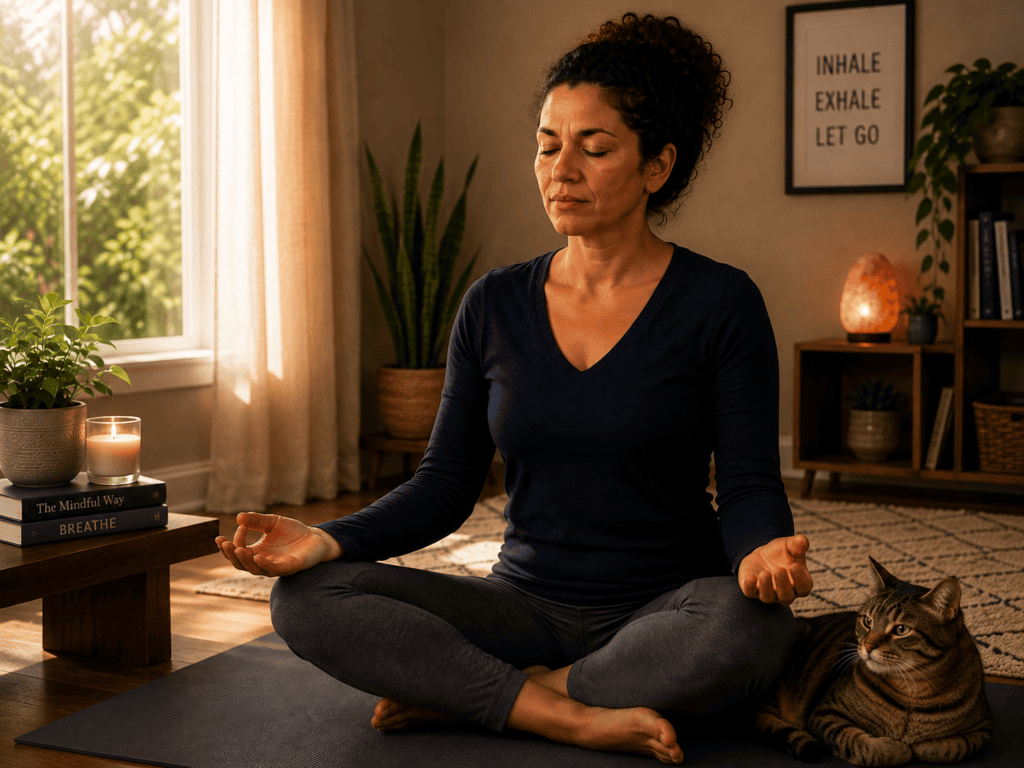 Person practicing meditation, breath work, or gentle yoga for direct nervous system regulation and migraine prevention.