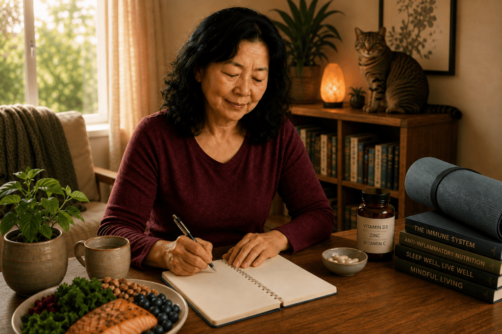 Person engaged in daily practices that reduce the risk of shingles reactivation including stress management, sleep, and anti-inflammatory nutrition.