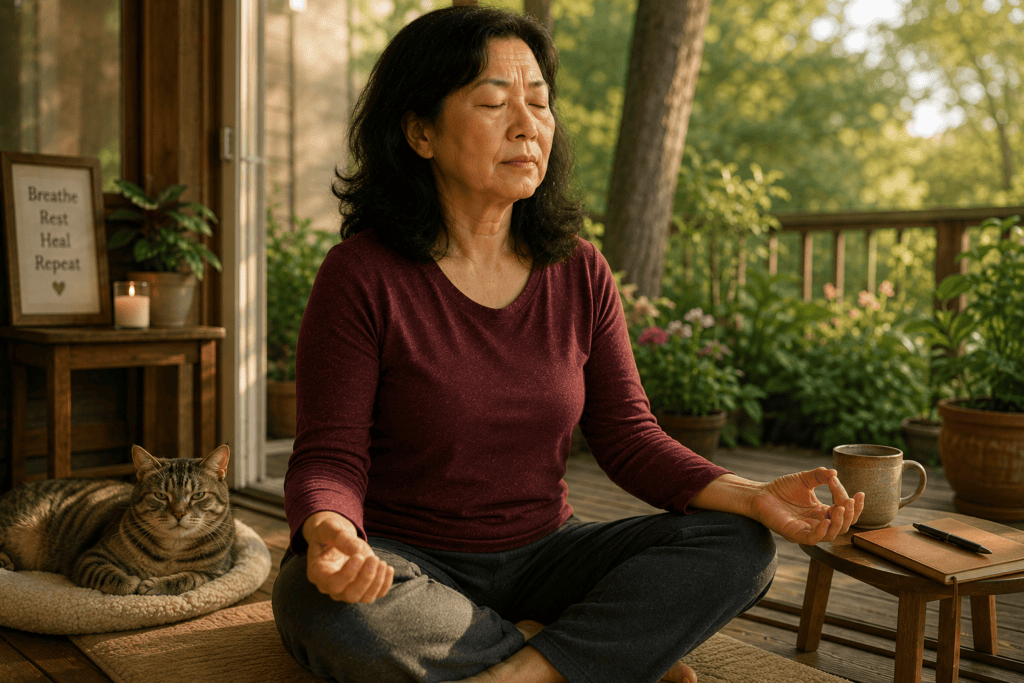 Person engaged in stress management practices including quiet meditation, breath work, or time in nature during shingles recovery.