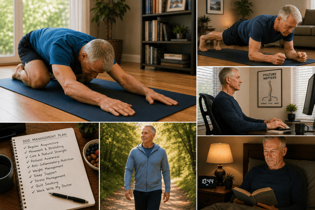 Person engaged in daily practices supporting DDD management including gentle movement, targeted strengthening, and postural awareness.